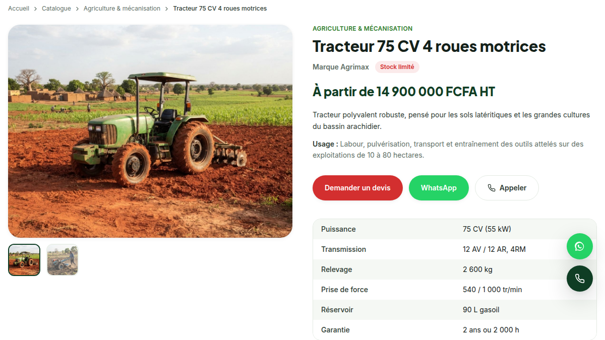 WhatsApp et devis sur chaque fiche