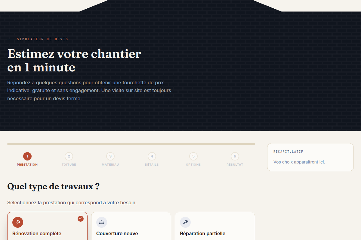 Simulateur de devis, étape 1 : choix de la prestation