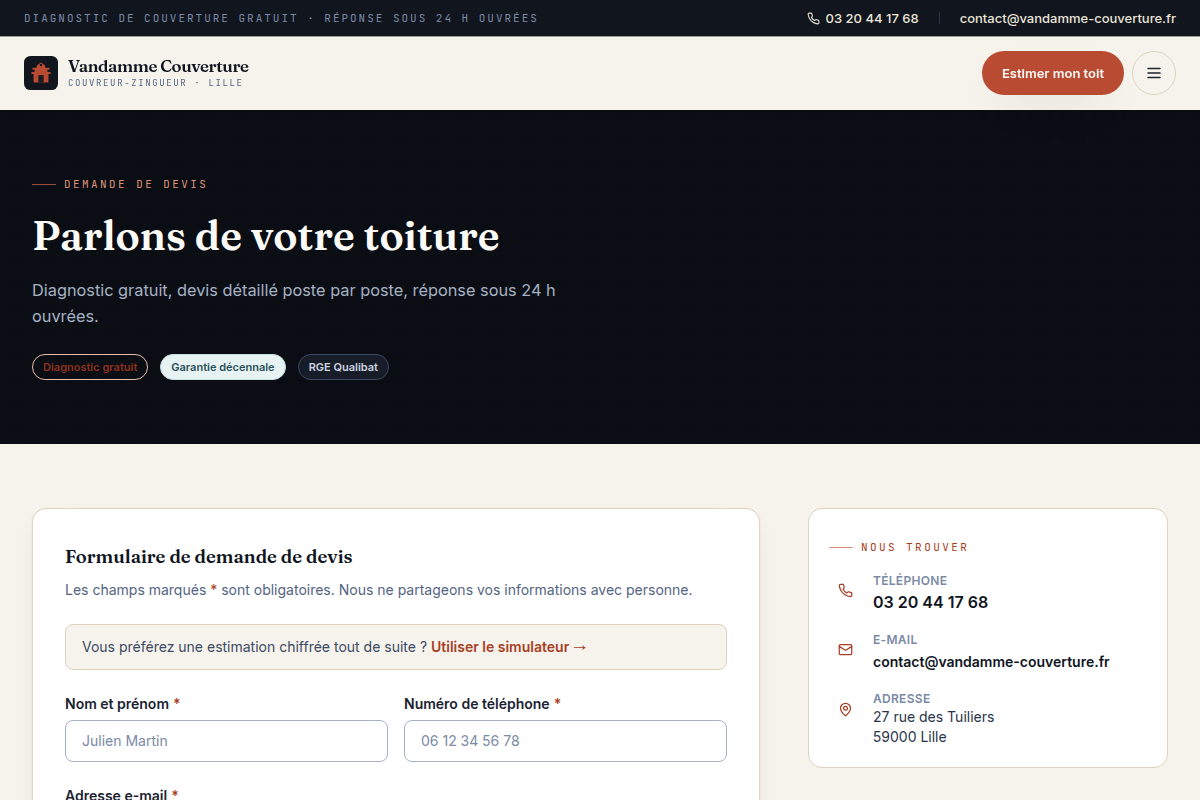 Formulaire de demande de devis en contact