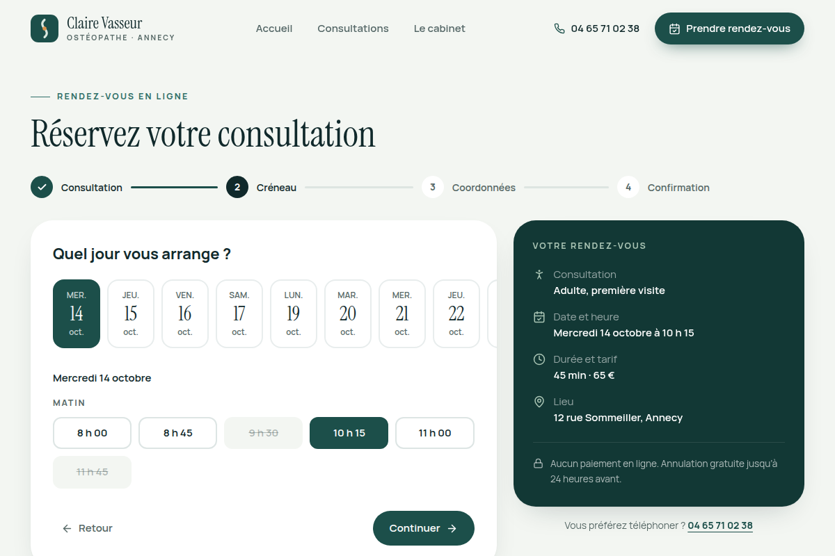 Réservation : choix du jour et du créneau