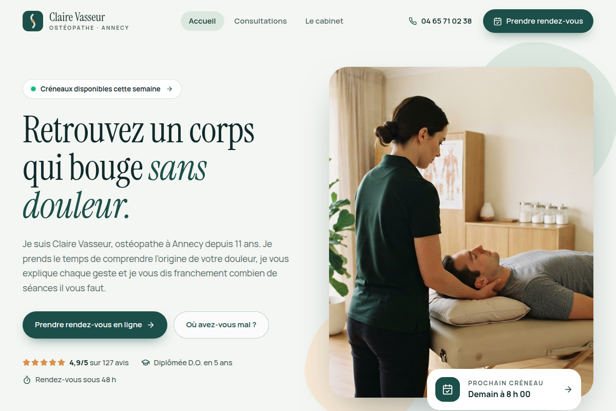 Page d'accueil et prochain créneau disponible