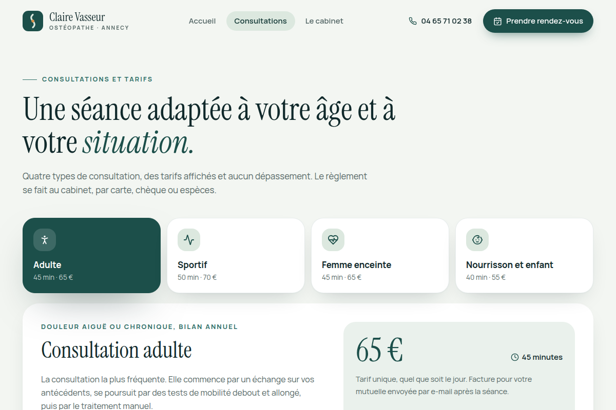 Types de consultation et tarifs affichés