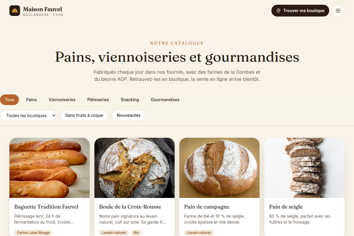 Catalogue produits filtrable par famille et boutique