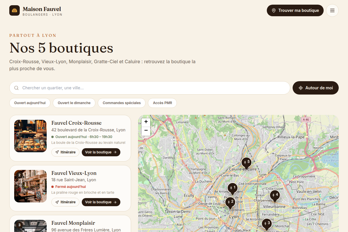 Liste des 5 boutiques avec carte interactive et filtres