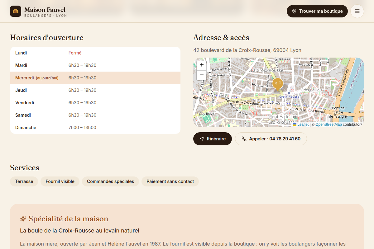 Fiche boutique avec horaires du jour et plan d'accès