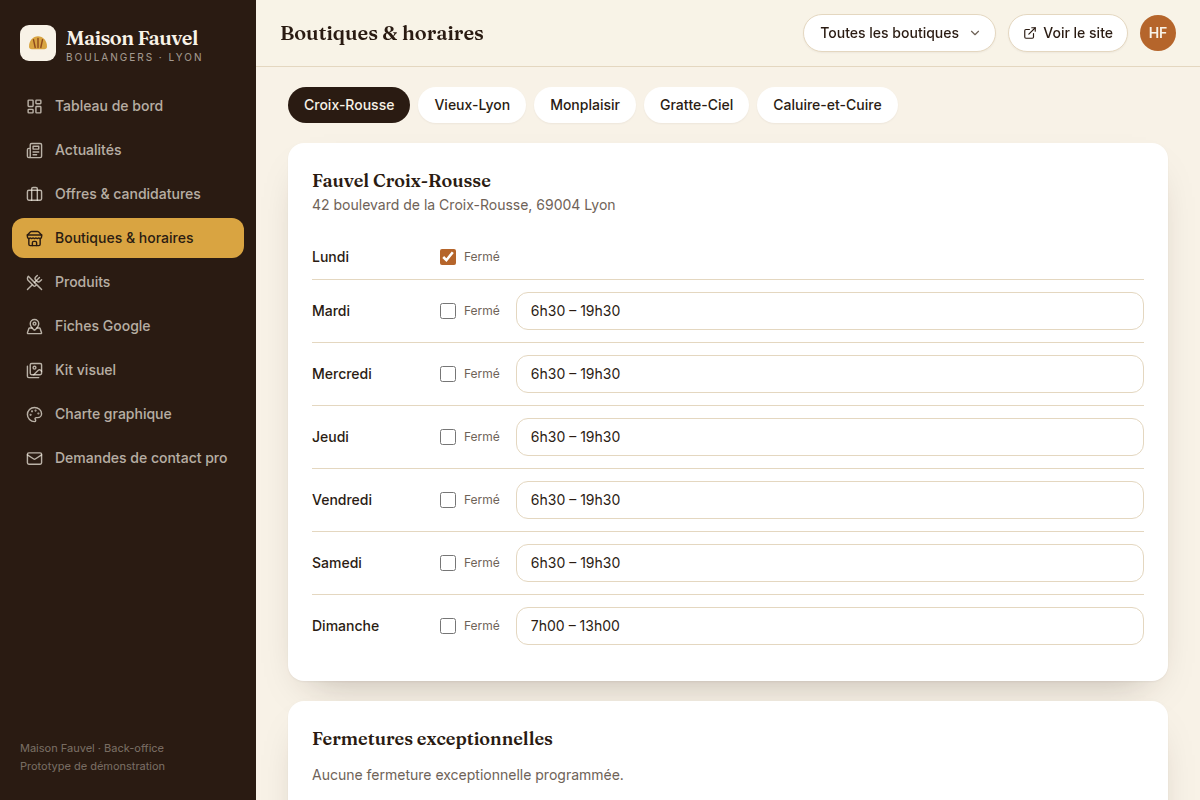 Gestion des horaires des 5 boutiques du réseau