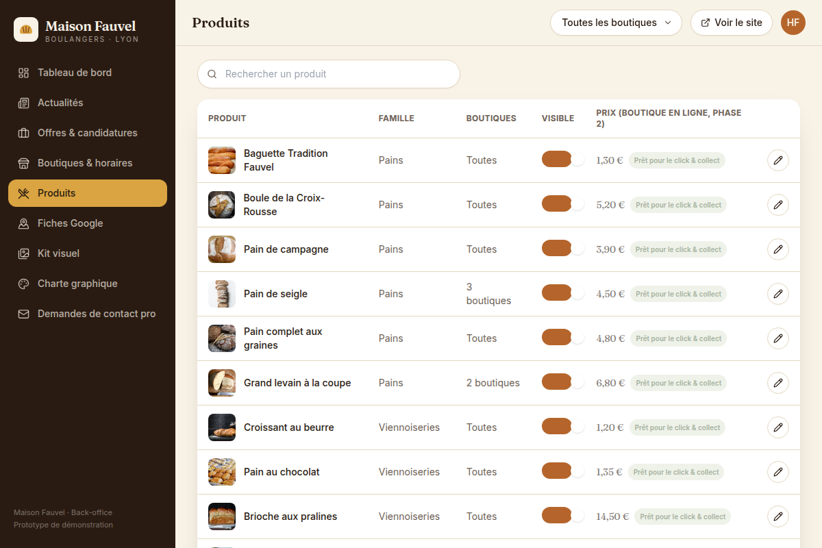 Catalogue produits avec visibilité et prix