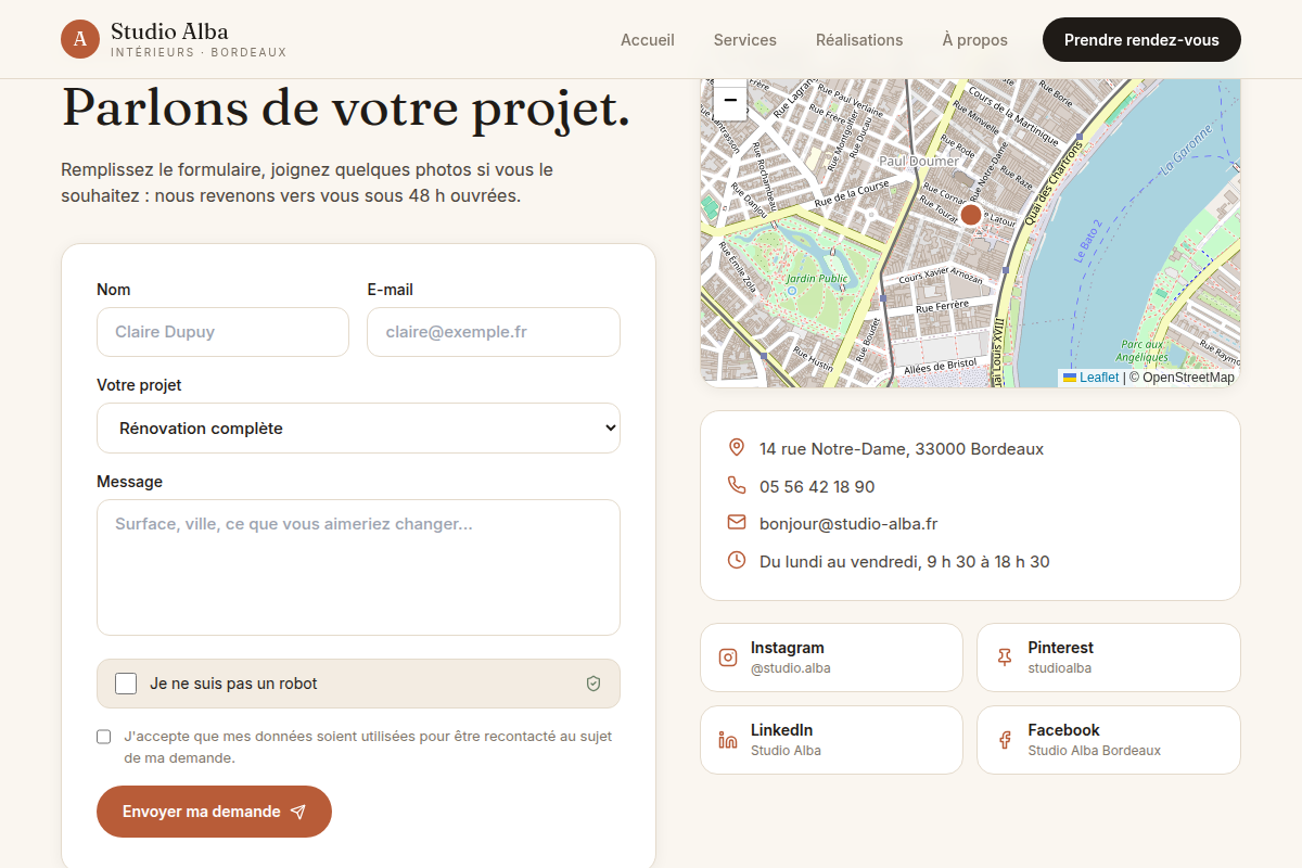 Contact : formulaire, carte et coordonnées