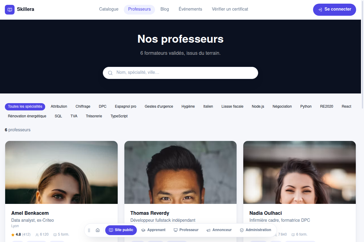 Annuaire des professeurs validés, filtres
