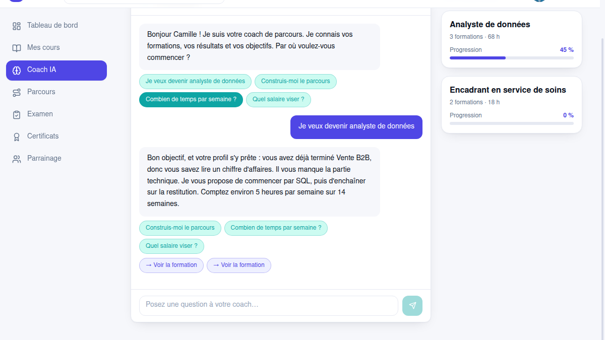 Coach IA qui connaît le parcours de l'apprenant