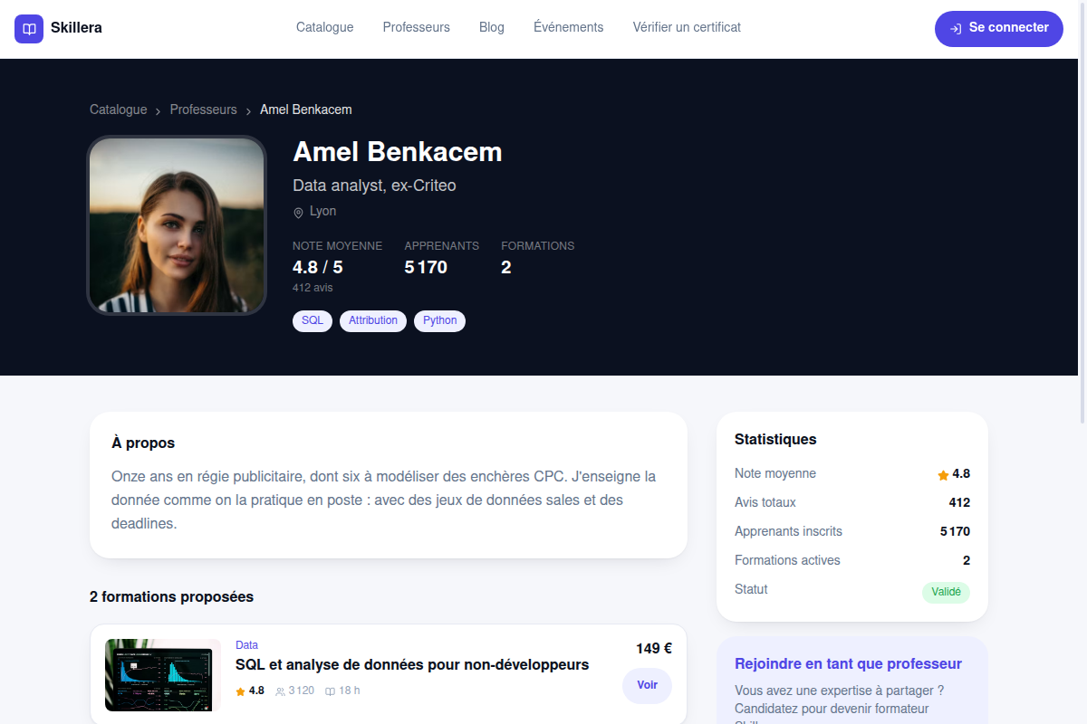 Profil professeur : stats, avis, formations