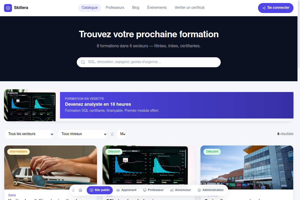 Catalogue public : secteurs, recherche, formations