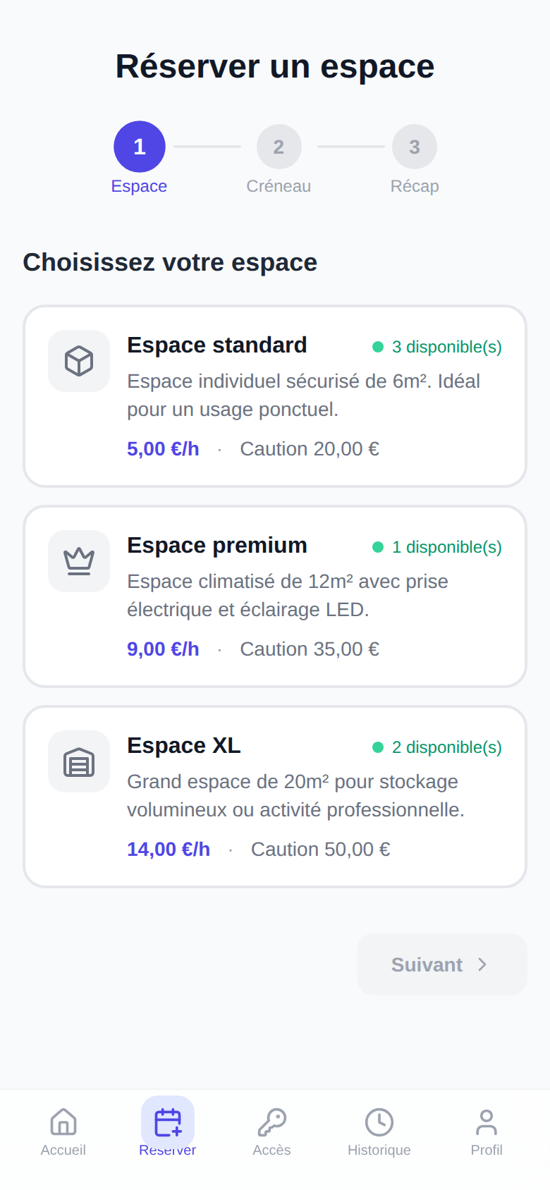 Choix de l'espace et disponibilités en direct