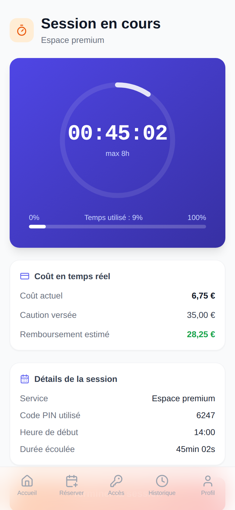 Session en cours, coût en temps réel
