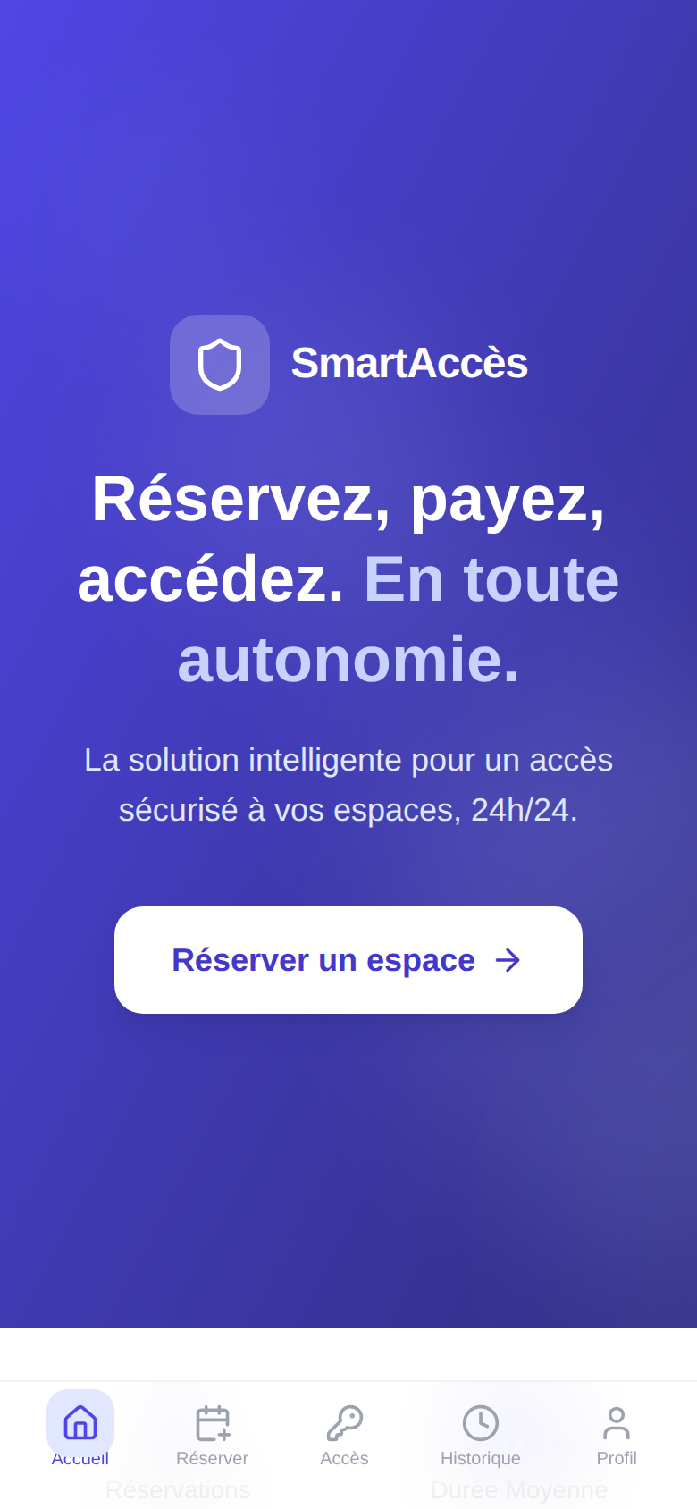Écran d'accueil : réserver, payer, accéder