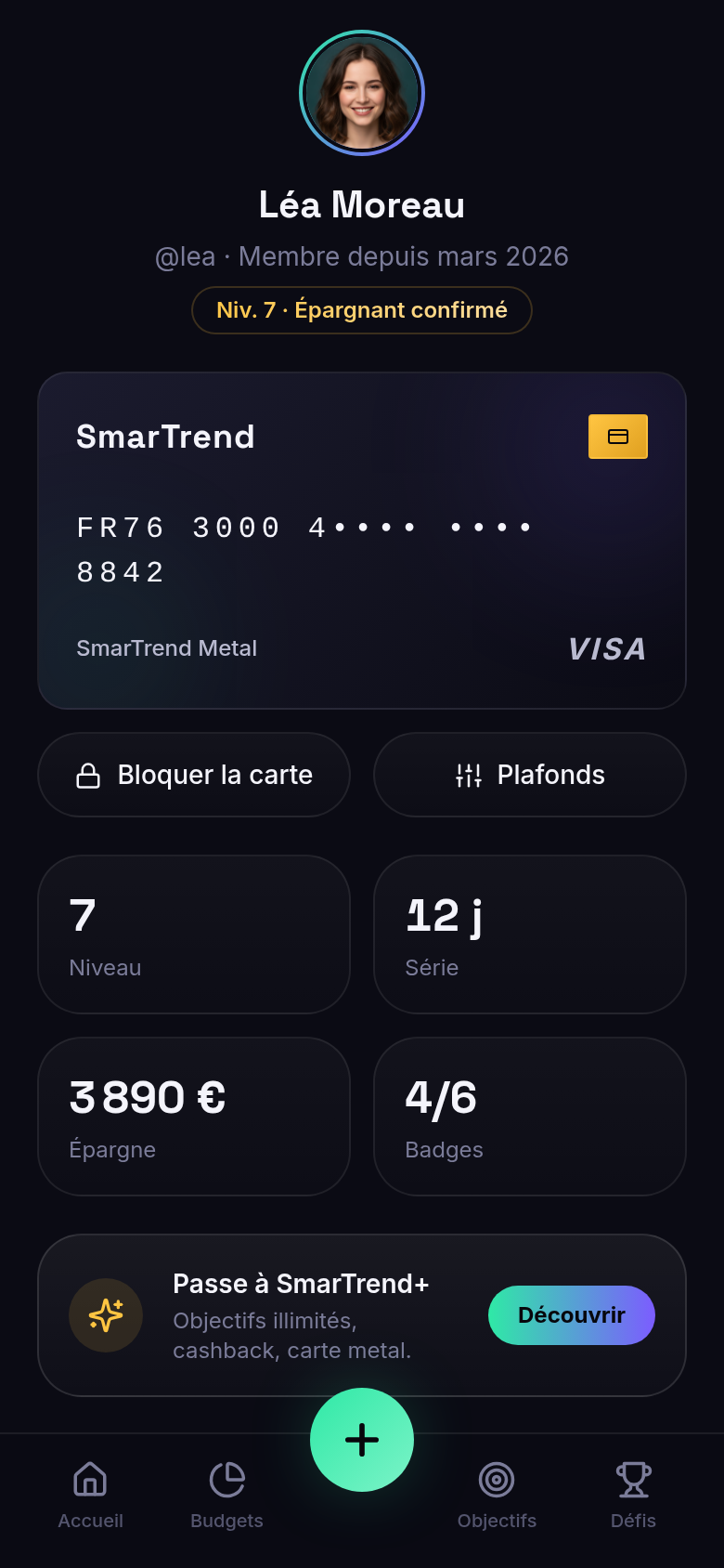 Profil : carte, niveau, série et badges