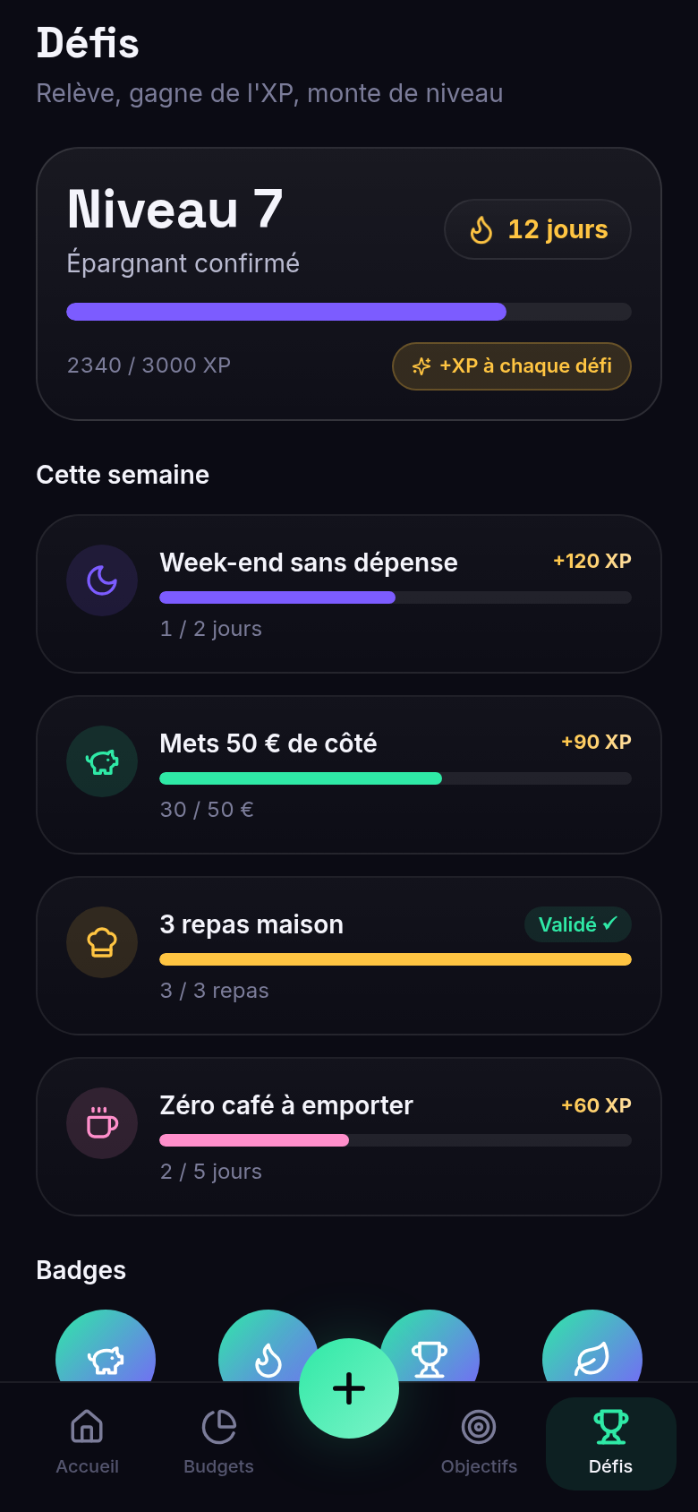 Défis gamifiés, XP, niveaux et badges