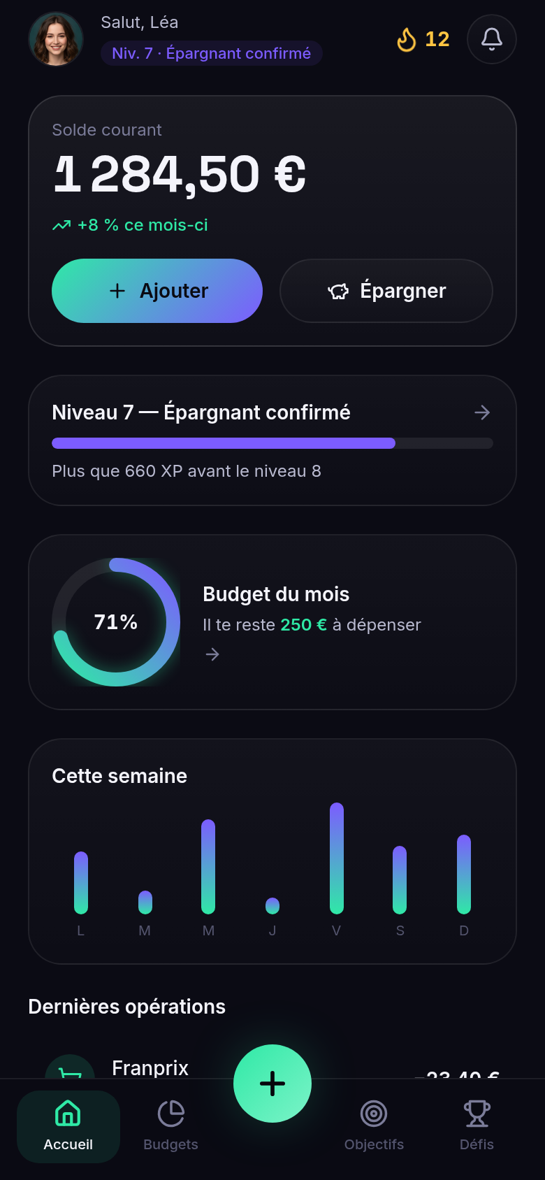 Accueil : solde, niveau et dépenses de la semaine