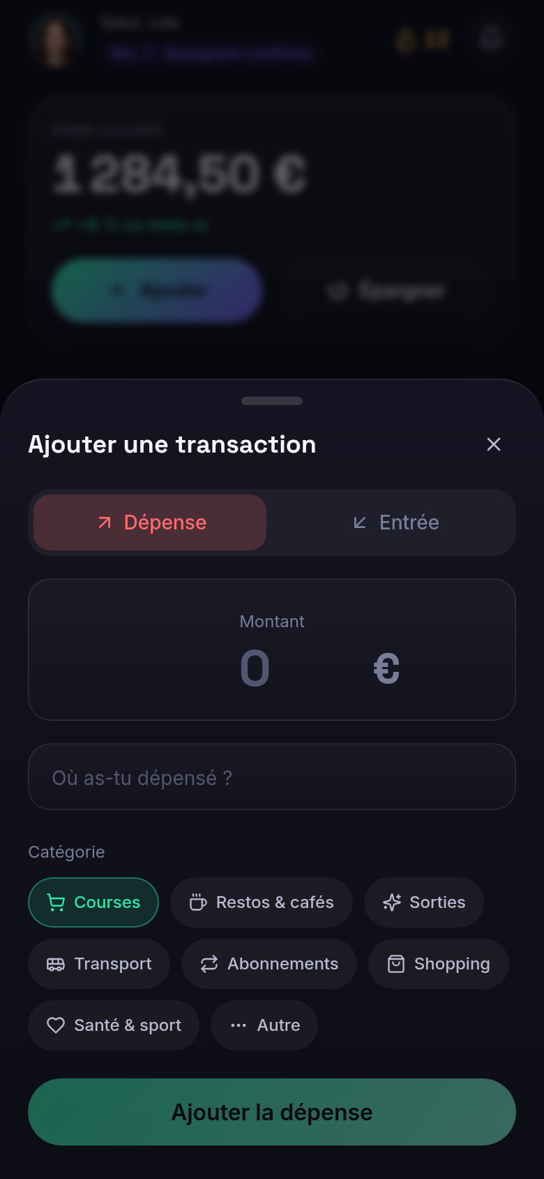 Ajout d'une dépense en deux taps