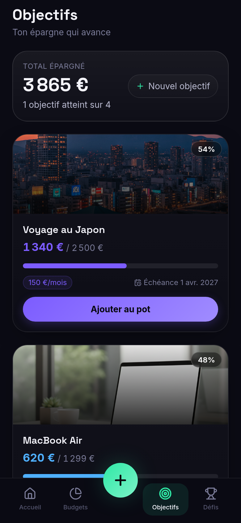Objectifs d'épargne avec jauges et échéances