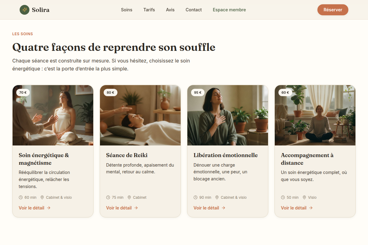 Les 4 soins proposés, prix et durée