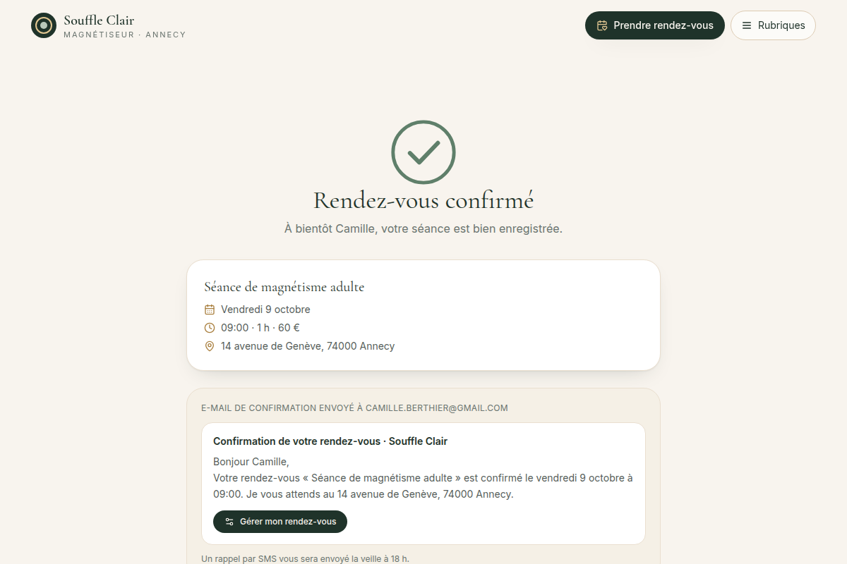 Confirmation du rendez-vous pris en ligne