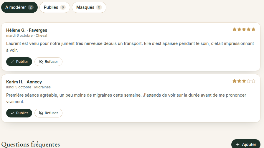 Modération des témoignages depuis l'administration