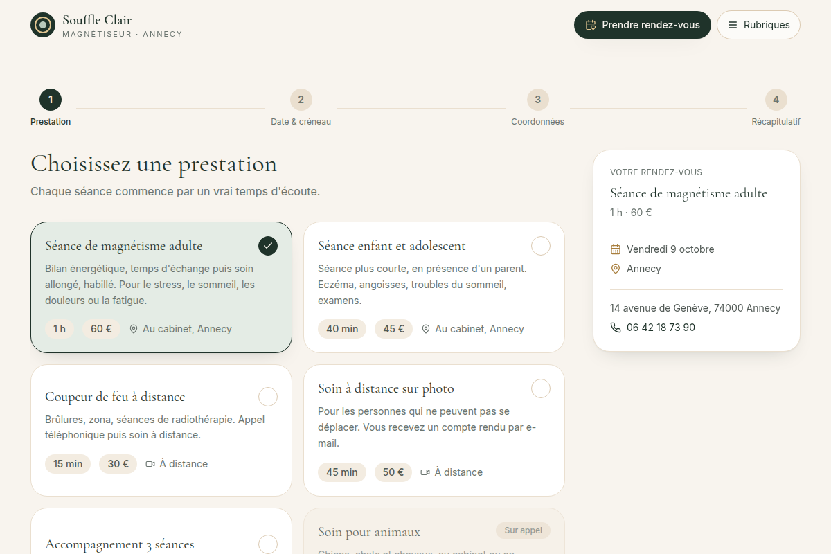 Réservation : choix de la prestation