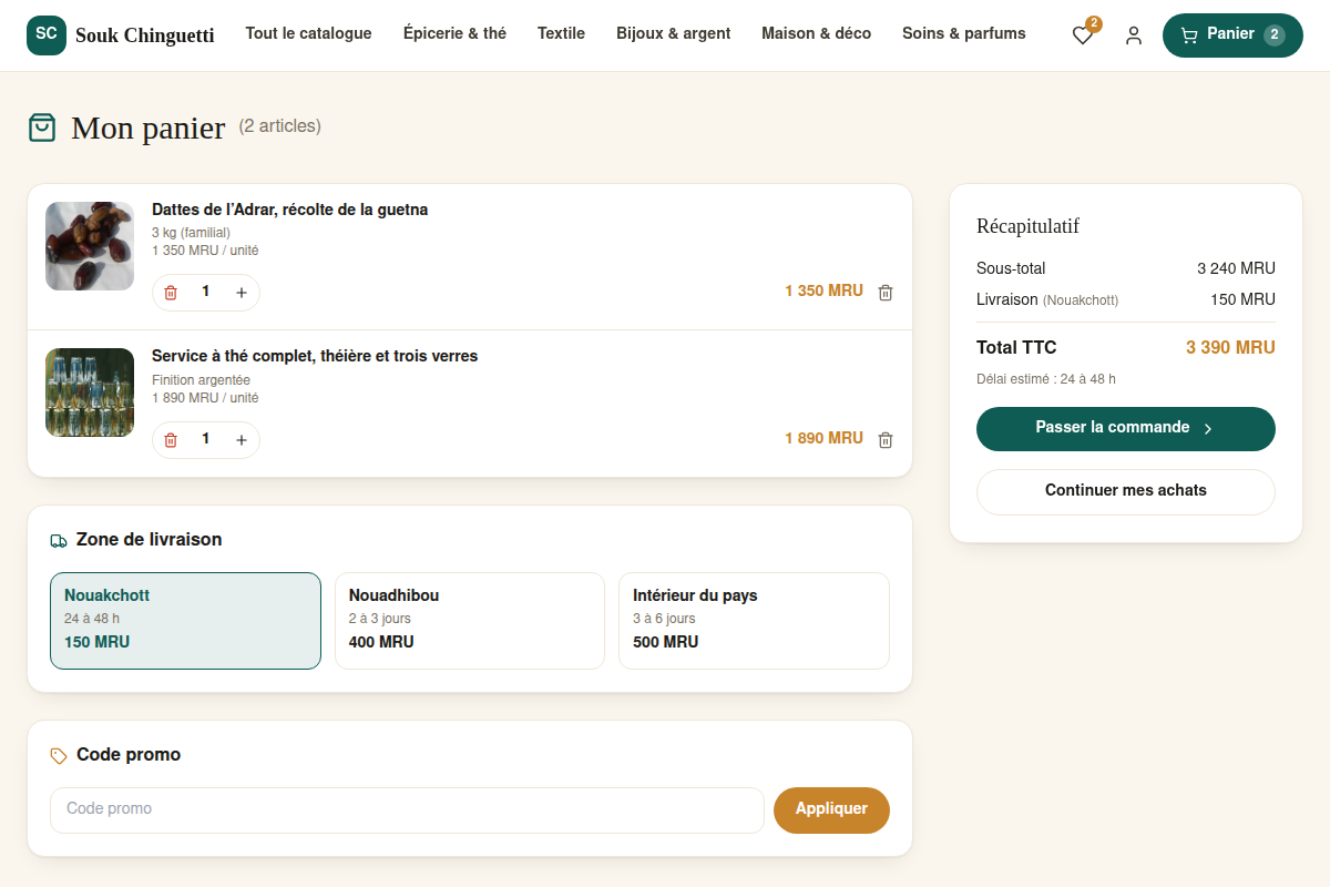 Panier avant validation de la commande