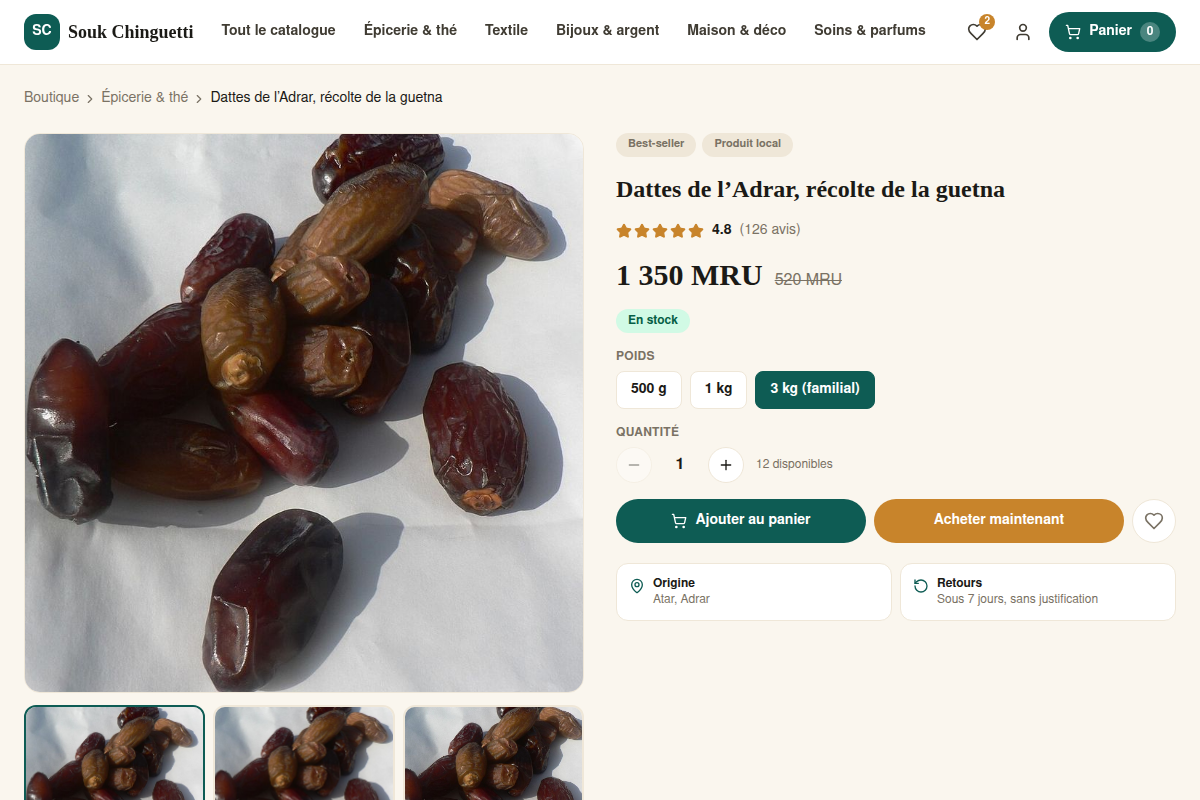 Fiche produit avec variantes de poids