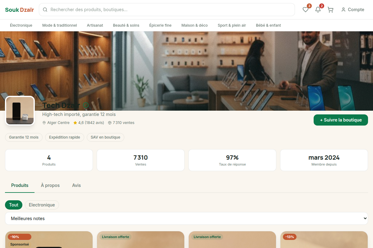 Boutique vendeur : profil, badge vérifié, catalogue