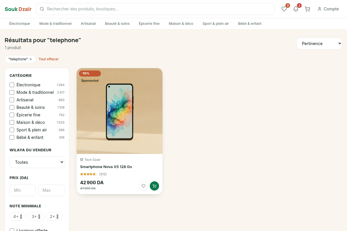 Résultats de recherche avec filtres catégorie, prix, note