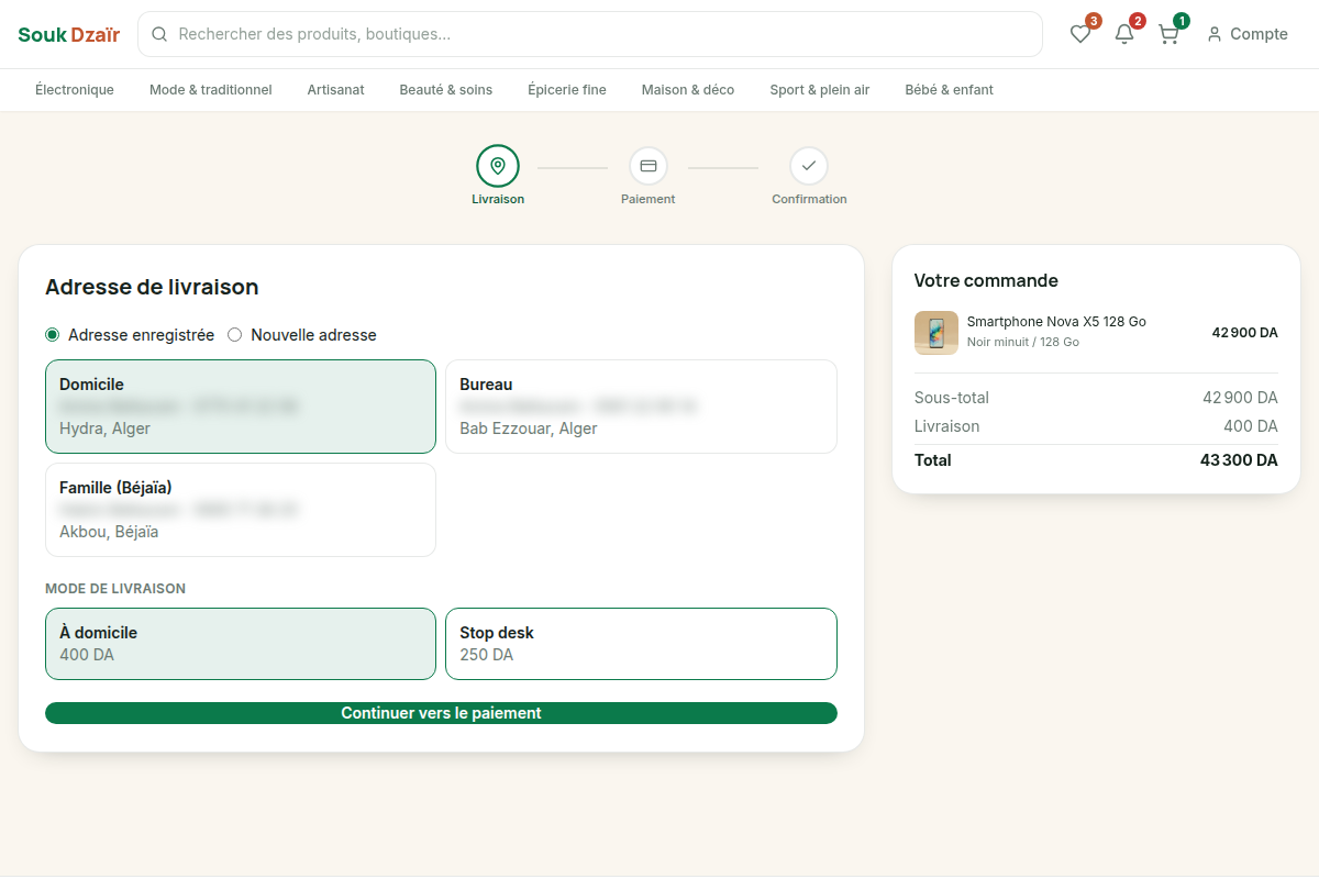 Tunnel de commande : adresse et mode de livraison