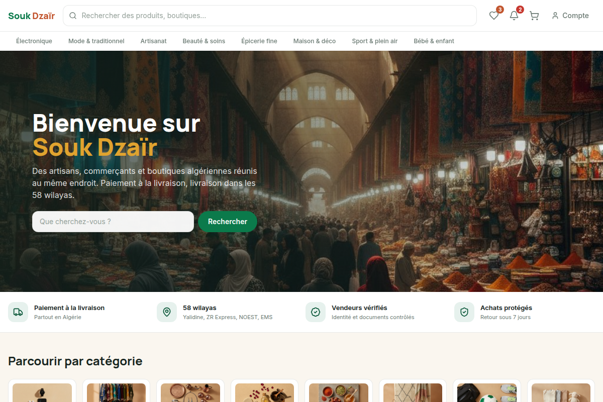 Accueil : bannière, catégories, boutiques recommandées