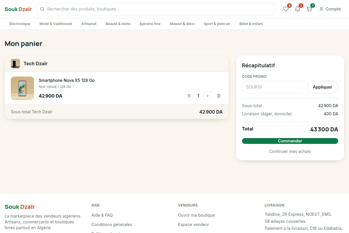 Panier avec article et récapitulatif de commande