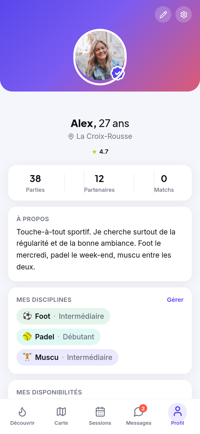 Ton profil sportif : disciplines et dispos