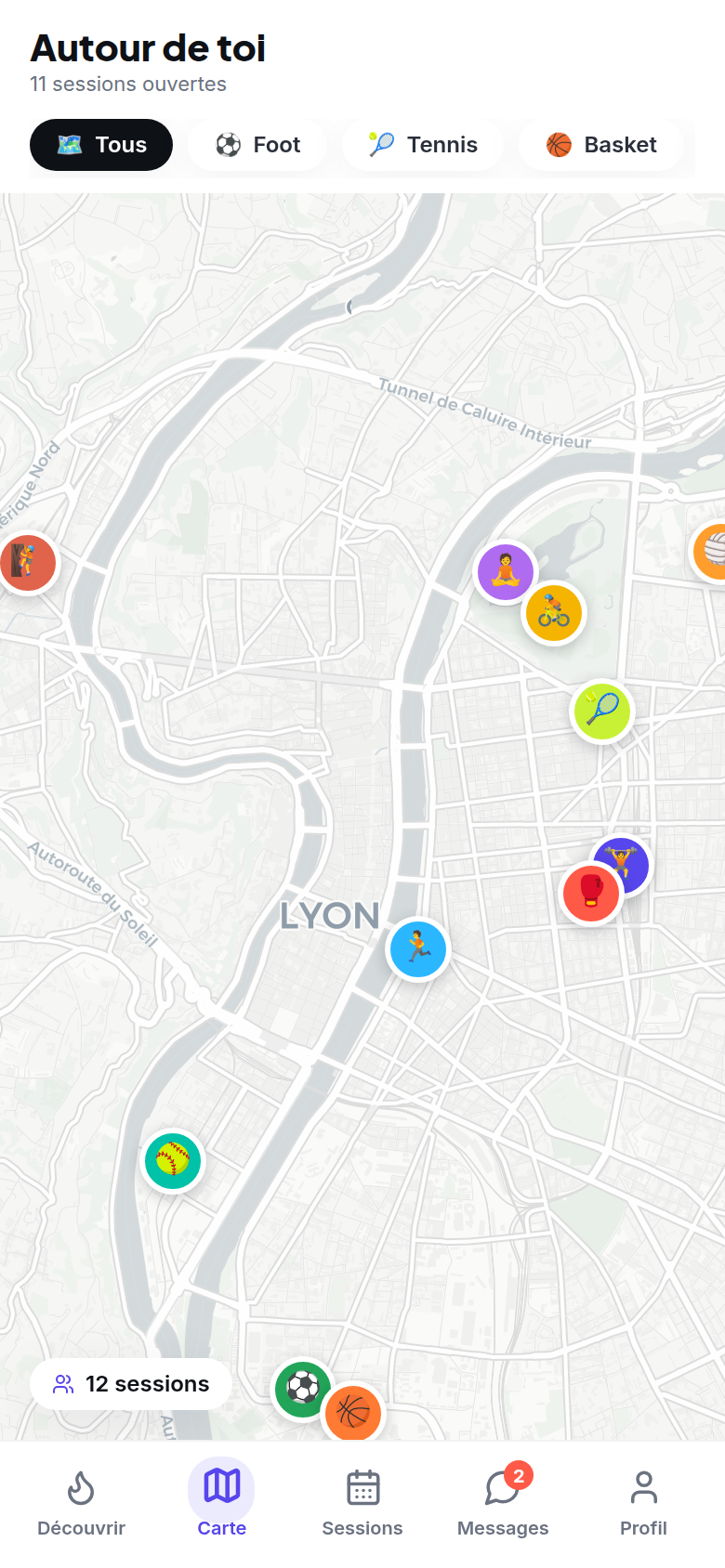 Carte live des sessions par discipline