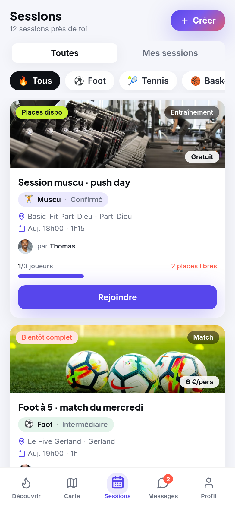 Le feed des sessions ouvertes