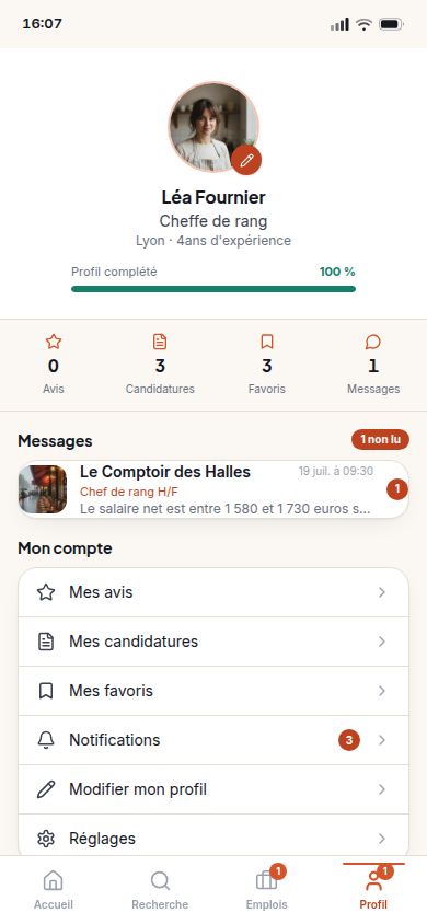 Profil candidat : stats, messages, réglages