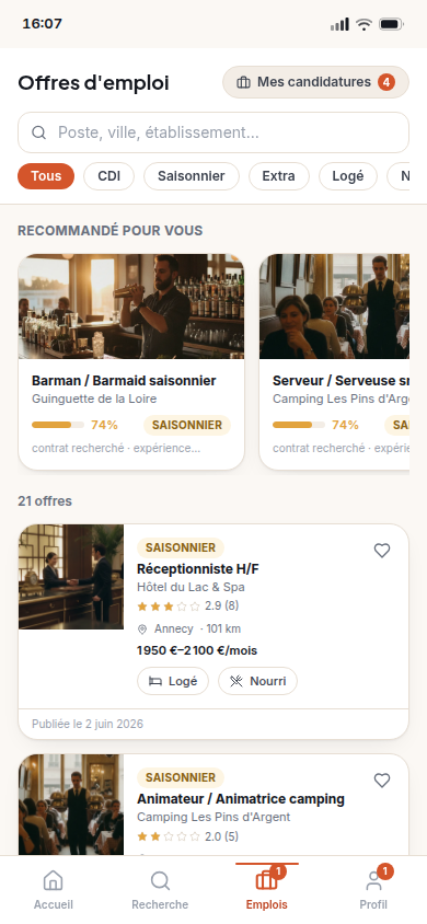 Offres d'emploi et candidatures suivies