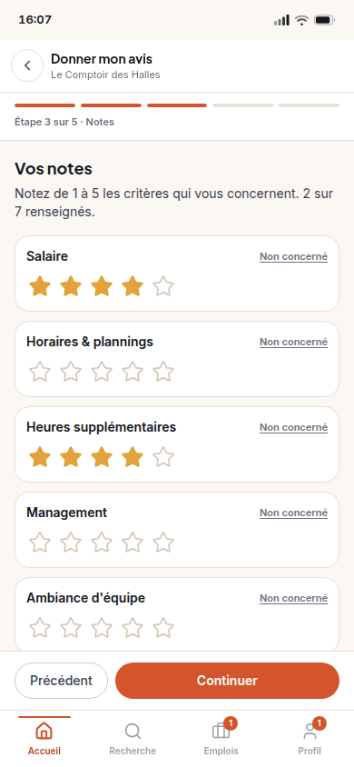 Dépôt d'avis : notation par critère (étape 3/5)