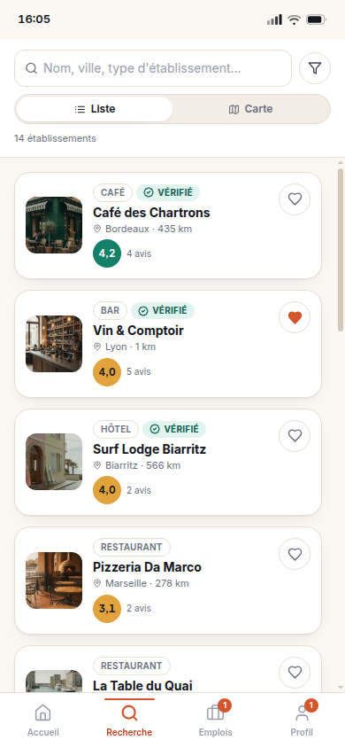 Recherche d'établissements avec notes et avis