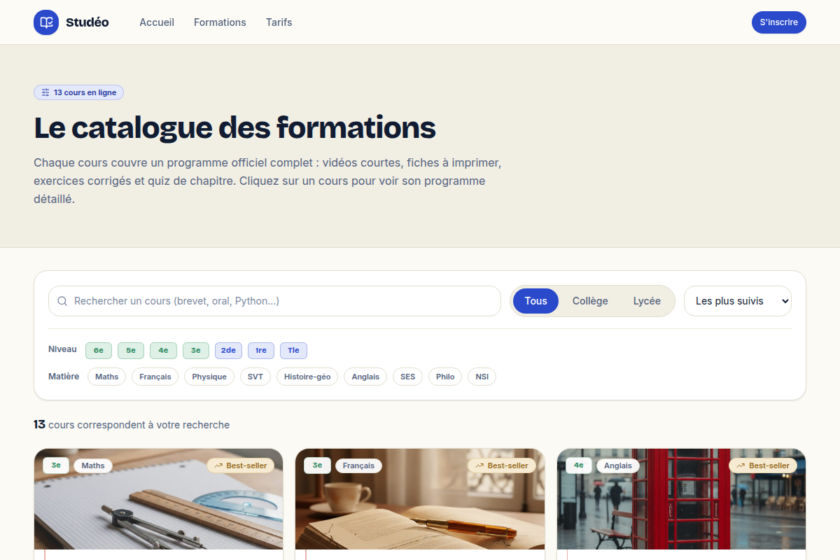 Catalogue filtrable par niveau et matière