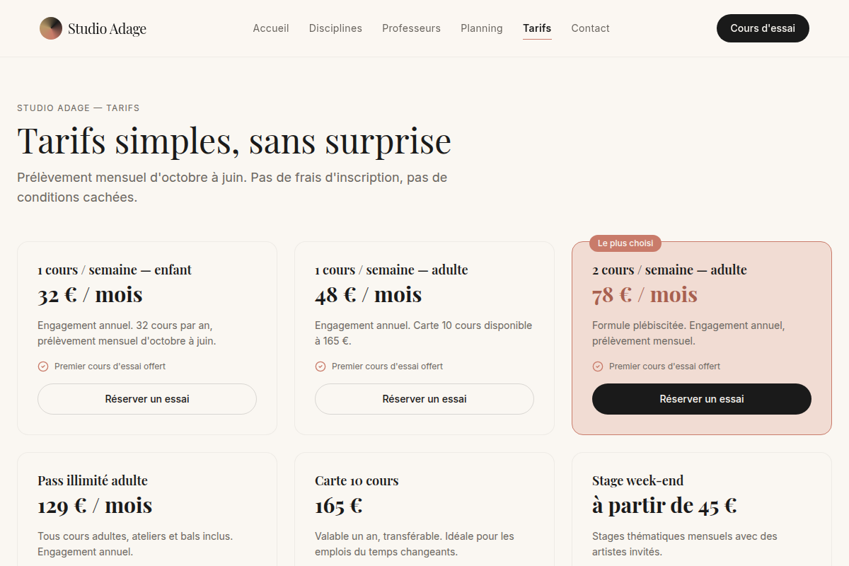 Grille tarifaire claire, 6 formules