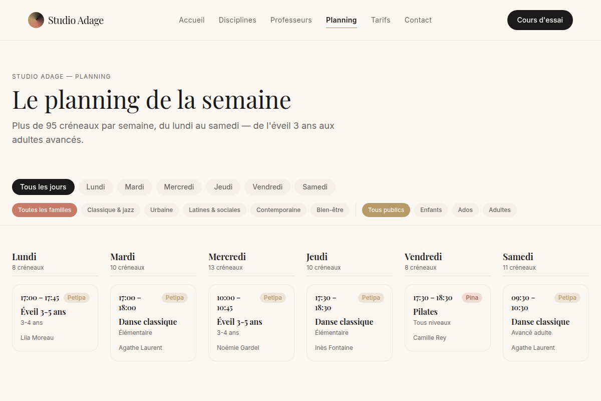 Planning hebdomadaire filtrable