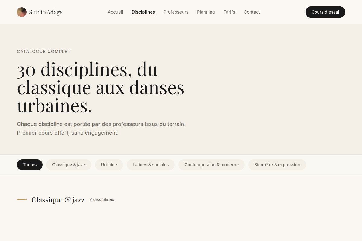 Catalogue des 30 disciplines, filtrable par famille