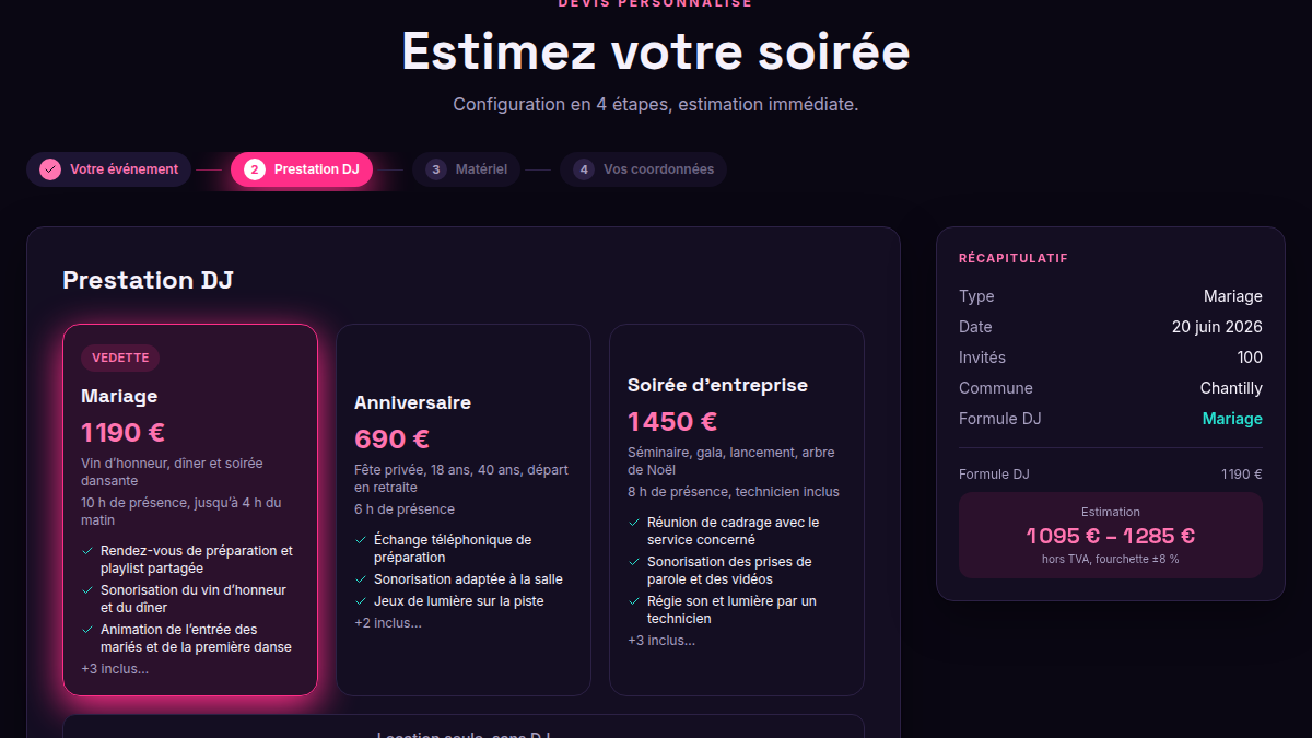 Devis calculé en temps réel