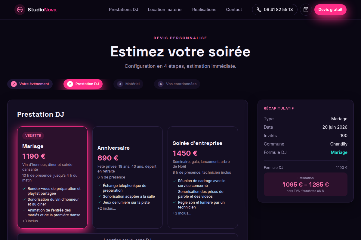 Simulateur de devis, estimation en temps réel