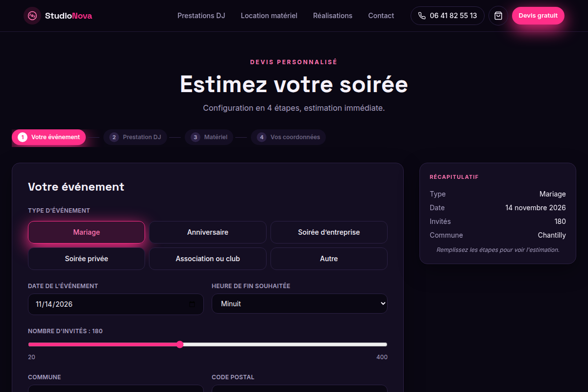 Devis étape 1 : événement et récap en direct