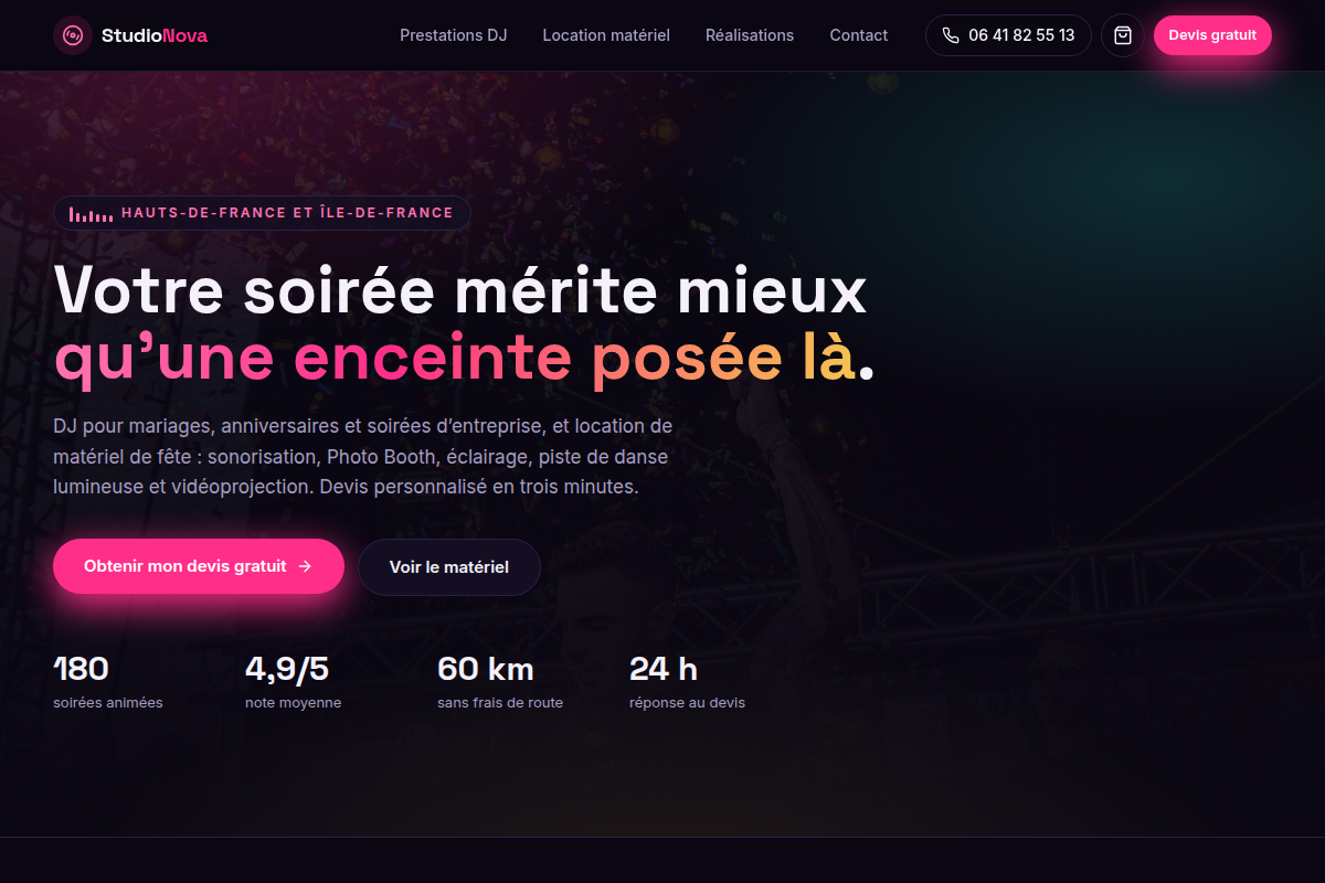 Accueil : promesse, stats, formules et catalogue